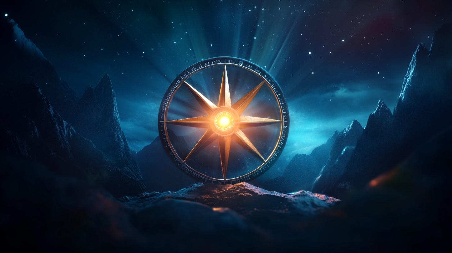 A glowing compass with mountains at night in the background. A glowing compass with mountains at night in the background.
