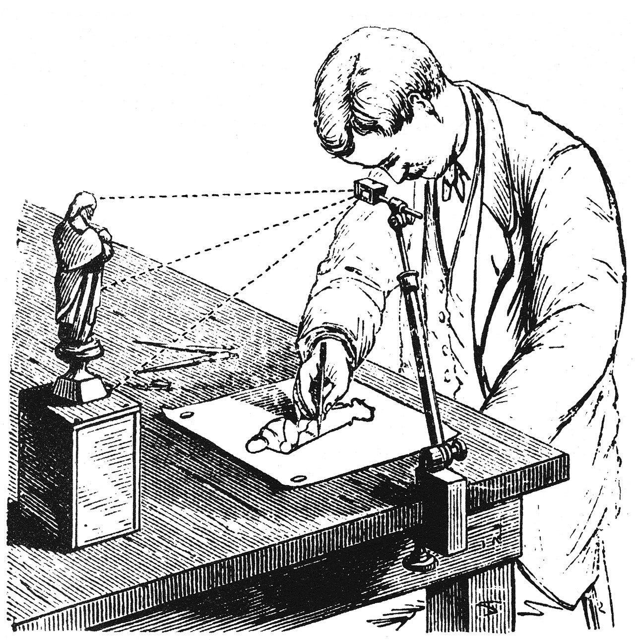 A camera lucida is an optical device used as a drawing aid by artists and microscopists. By looking through the prism in its standard, a user sees an optical superimposition of the subject positioned in front of the device over the surface below. This allows the artist to duplicate key points of the scene on the drawing surface, thus aiding in the accurate rendering of perspective. A camera lucida is an optical device used as a drawing aid by artists and microscopists. By looking through the prism in its standard, a user sees an optical superimposition of the subject positioned in front of the device over the surface below. This allows the artist to duplicate key points of the scene on the drawing surface, thus aiding in the accurate rendering of perspective.