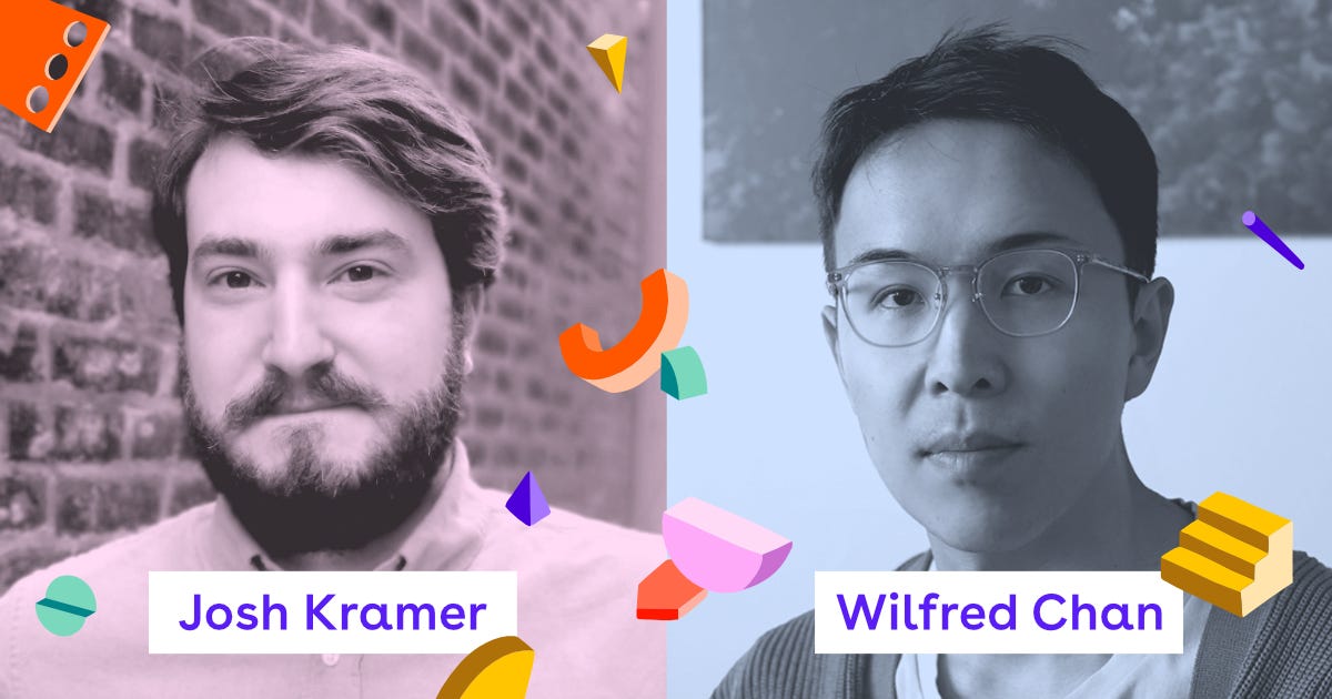 A colorful collage of photos and shapes, with Josh Kramer on the left and Wilfred Chan on the right