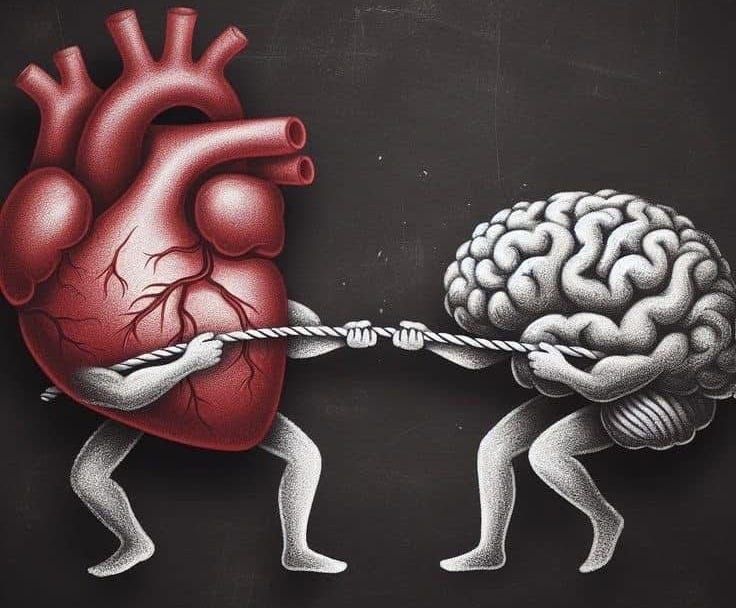This may contain: two people pulling a rope with a heart and brain in the middle on a black background