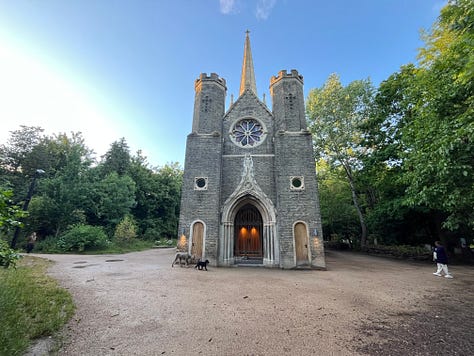 Abney Park Cemetery Chapel, a tall, Dissenting Gothic chapel amidst a woodland