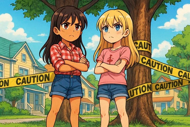 Caution tape surrounds a tree and the front yeard of a neighborhood with two middle grade girls standing, arms crossed Caution tape surrounds a tree and the front yeard of a neighborhood with two middle grade girls standing, arms crossed