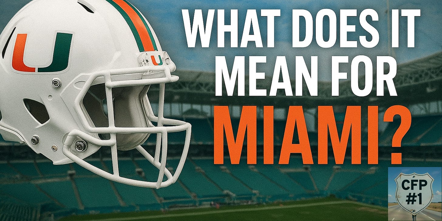 Miami Hurricanes football helmet in front of Hard Rock Stadium with bold text “What does it mean for Miami?” Deals on seats, fan gear and premium college football content at www.NattyRoad.com