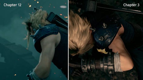 Comparison between Cloud's vision in chapter 3 and the actual event in chapter 12.