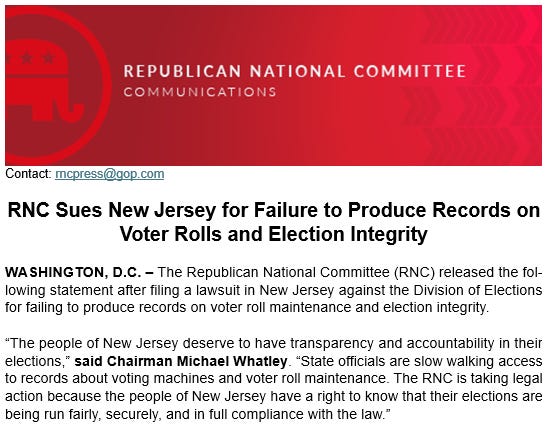 RNC Suing New Jersey Elections for Concealing Voter Roll and Voting Machine Records