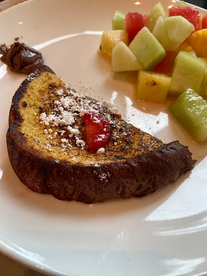 breakfast - protein & hot food, french toast & fruits, granolas & miso soup station