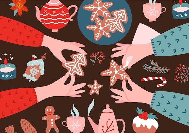 This may contain: two hands are holding cookies and teapots in the shape of snowflakes