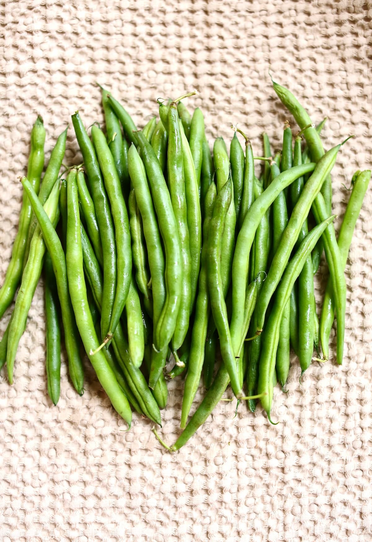 a towel with fresh green beans on it in a row.