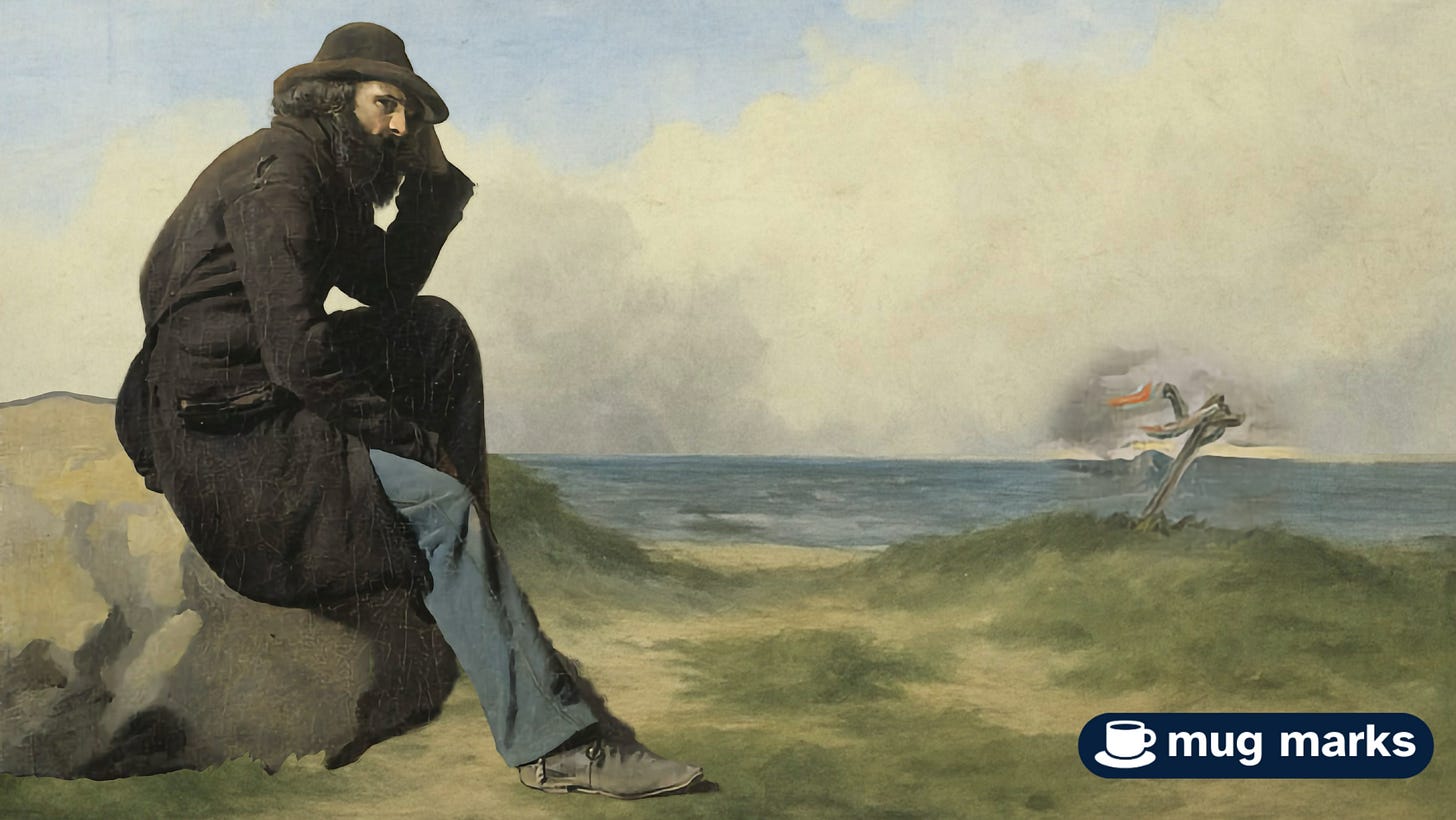 A man in a black coat sitting on a cliff overlooking a body of water.