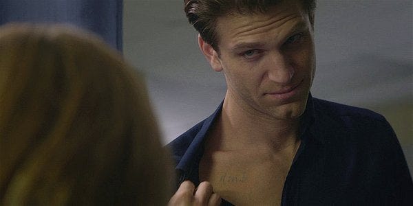 Walker Liam shows Stella a bad tattoo choice on his neck. Walker Liam shows Stella a bad tattoo choice on his neck.