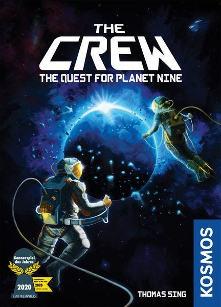 The Crew: The Quest for Planet Nine, KOSMOS, 2020 — new box front highlighting the Kennerspiel award (image provided by the publisher)
