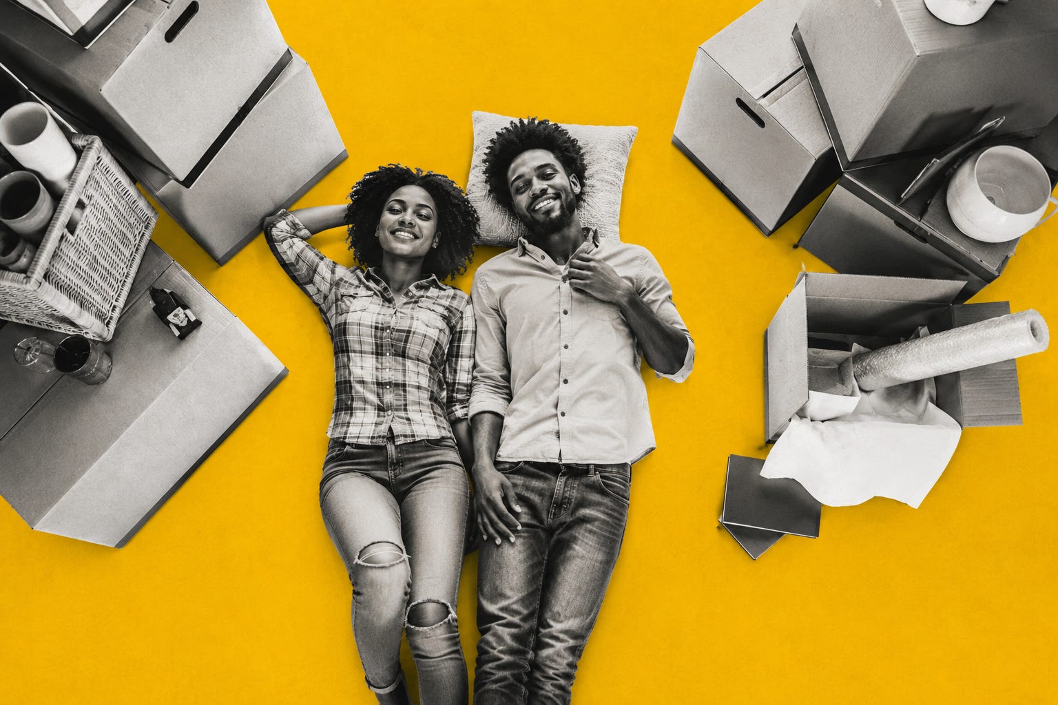 A modern grayscale overhead image of a relaxed Jamaican black couple lying among moving boxes against a bold yellow background, blending warmth, optimism, and contemporary editorial design. A modern grayscale overhead image of a relaxed Jamaican black couple lying among moving boxes against a bold yellow background, blending warmth, optimism, and contemporary editorial design.