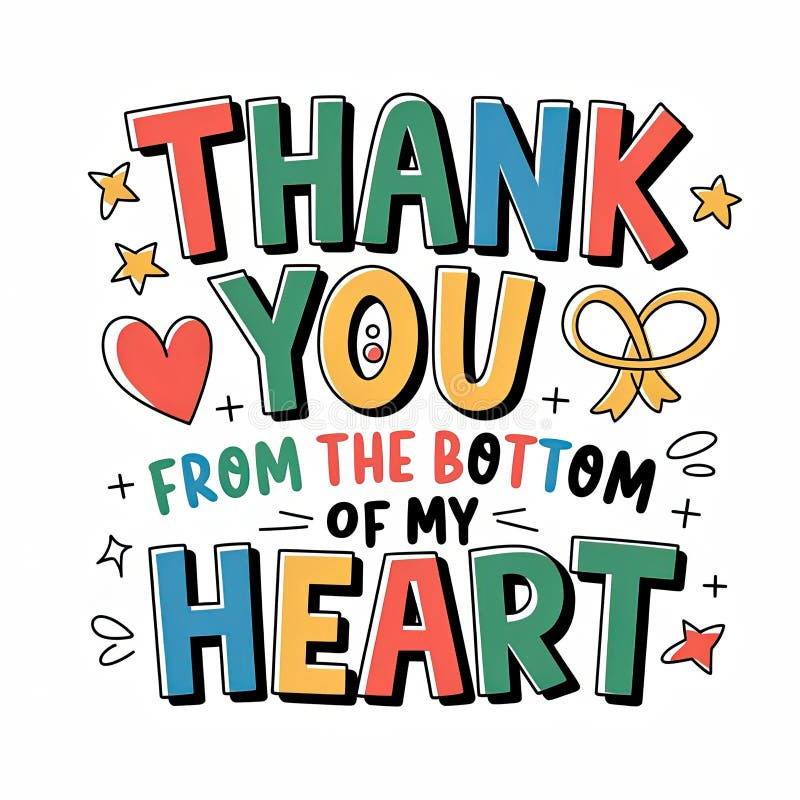 Colorful Thank You Message Artwork with Heart and Ribbon Graphics Stock Illustration ...