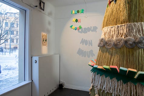 Rana Kadry,1 - 4 Labour mon Amour exhibition, Candyland, Stockholm, 2023-24; 5 - 6 Mural at The Bag Factory, Johannesburg, 2023; 7 Illustrations for Rumpelstilzchen publication, Germany, 2020; 8 Stills and clips from my short film Woman Is My Last Name, 2022; 9 Painting for Salong Sergel, Stockholm, 2021