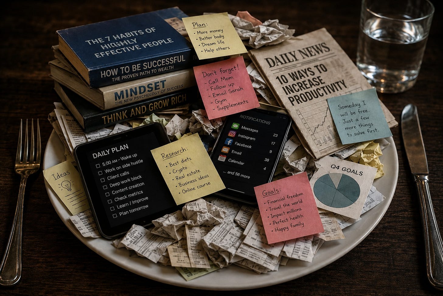 A plate of information instead of food, representing the modern mental diet.