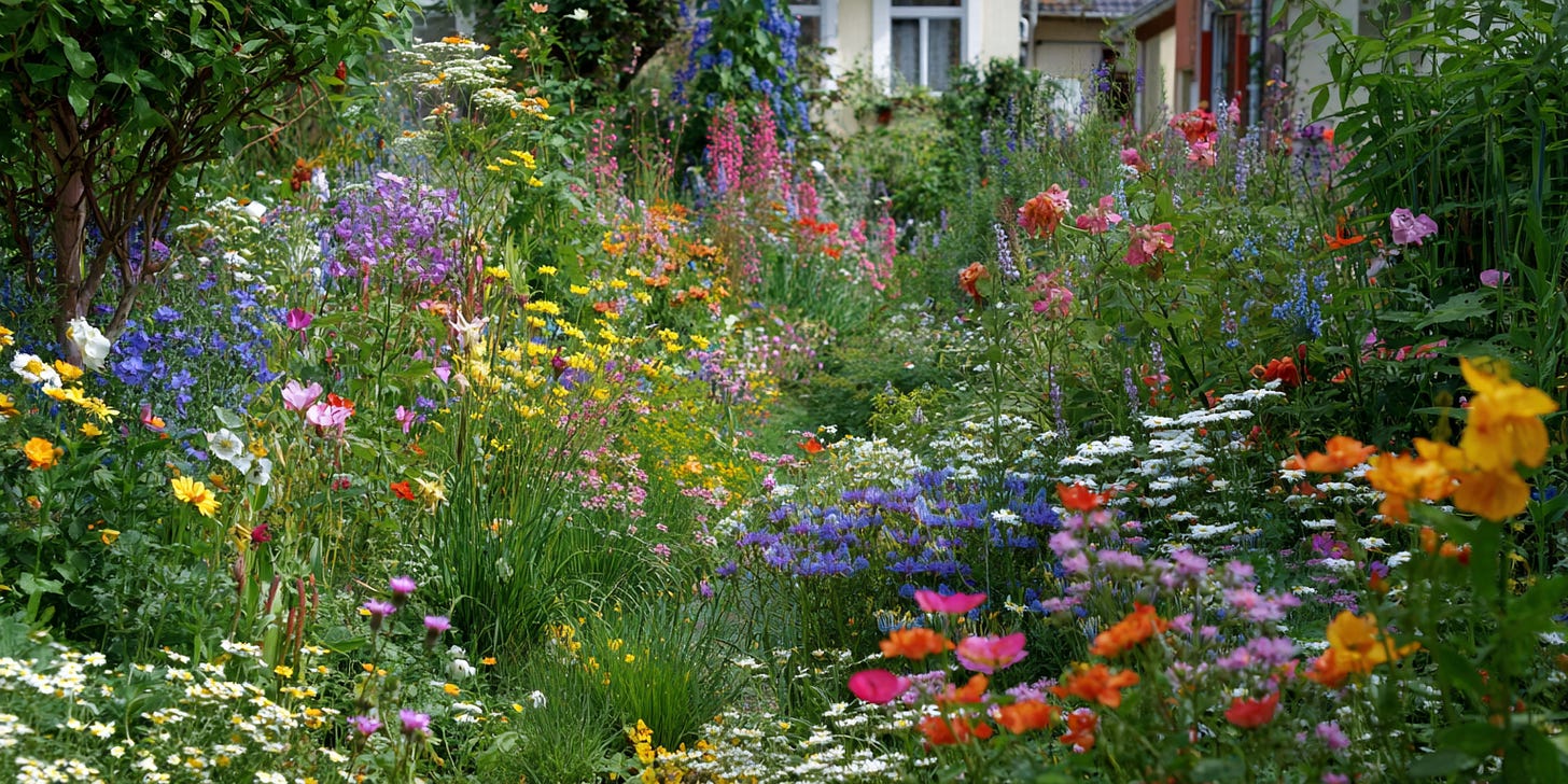 A dense public garden filled with many types of colorful flowers—yellow, orange, purple, pink, blue, and white—growing in a disorganized, overlapping way. The plants lack clear structure or design, creating a chaotic and crowded appearance.