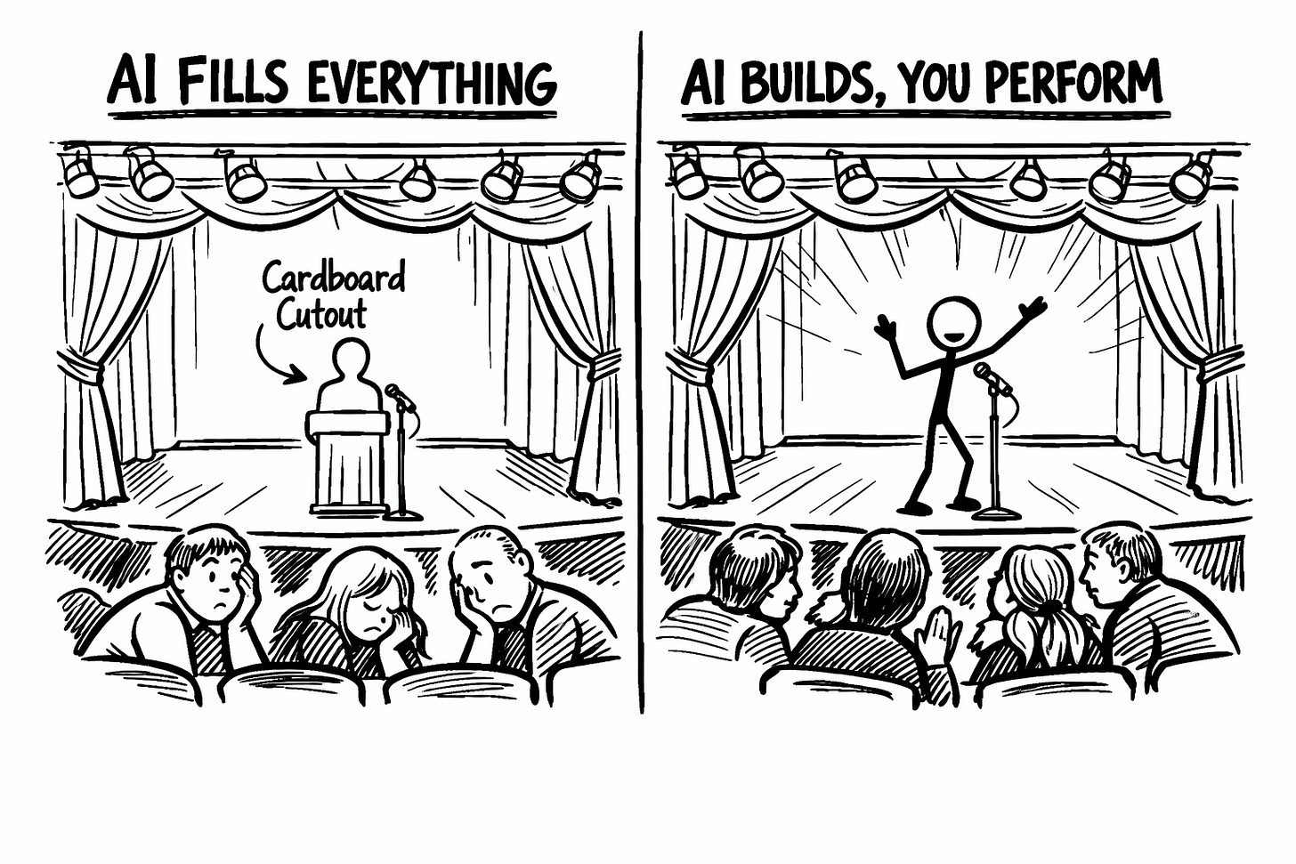 Hand-drawn whiteboard illustration comparing AI-written content versus human-authored content. Left stage labeled “AI FILLS EVERYTHING” shows a generic cardboard cutout speaker and bored audience. Right stage labeled “AI BUILDS, YOU PERFORM” shows a real stick-figure speaker performing on the same stage with an engaged audience. Conceptual diagram about AI co-writing and authentic storytelling.