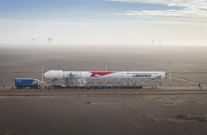 Zhuque-2E Y6 being placed onto its transporter-erector and being taken to its launch pad.