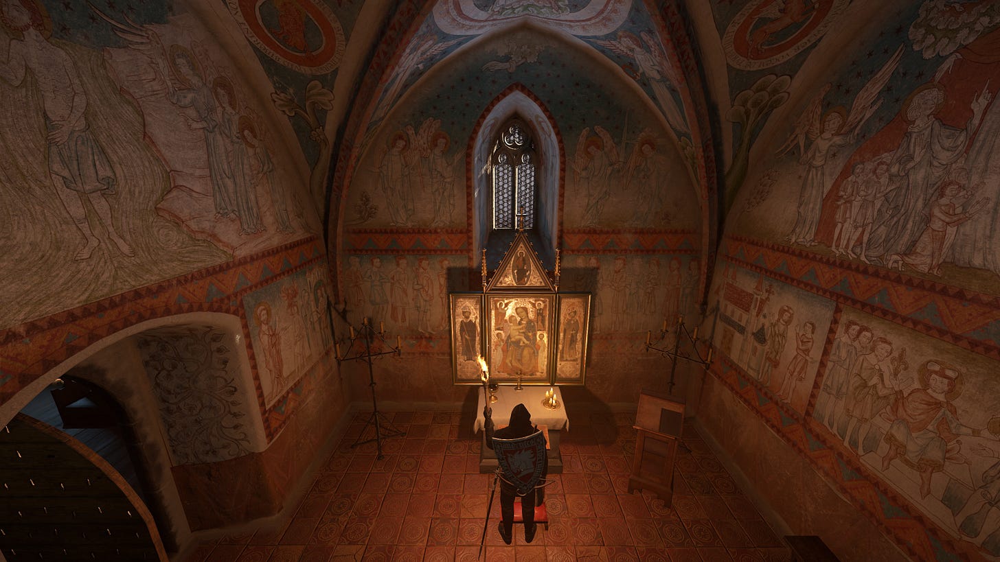 A screenshot of Kingdom Come: Deliverance II, showing the player character, Henry, inside a beautiful chapel with a painted ceiling.