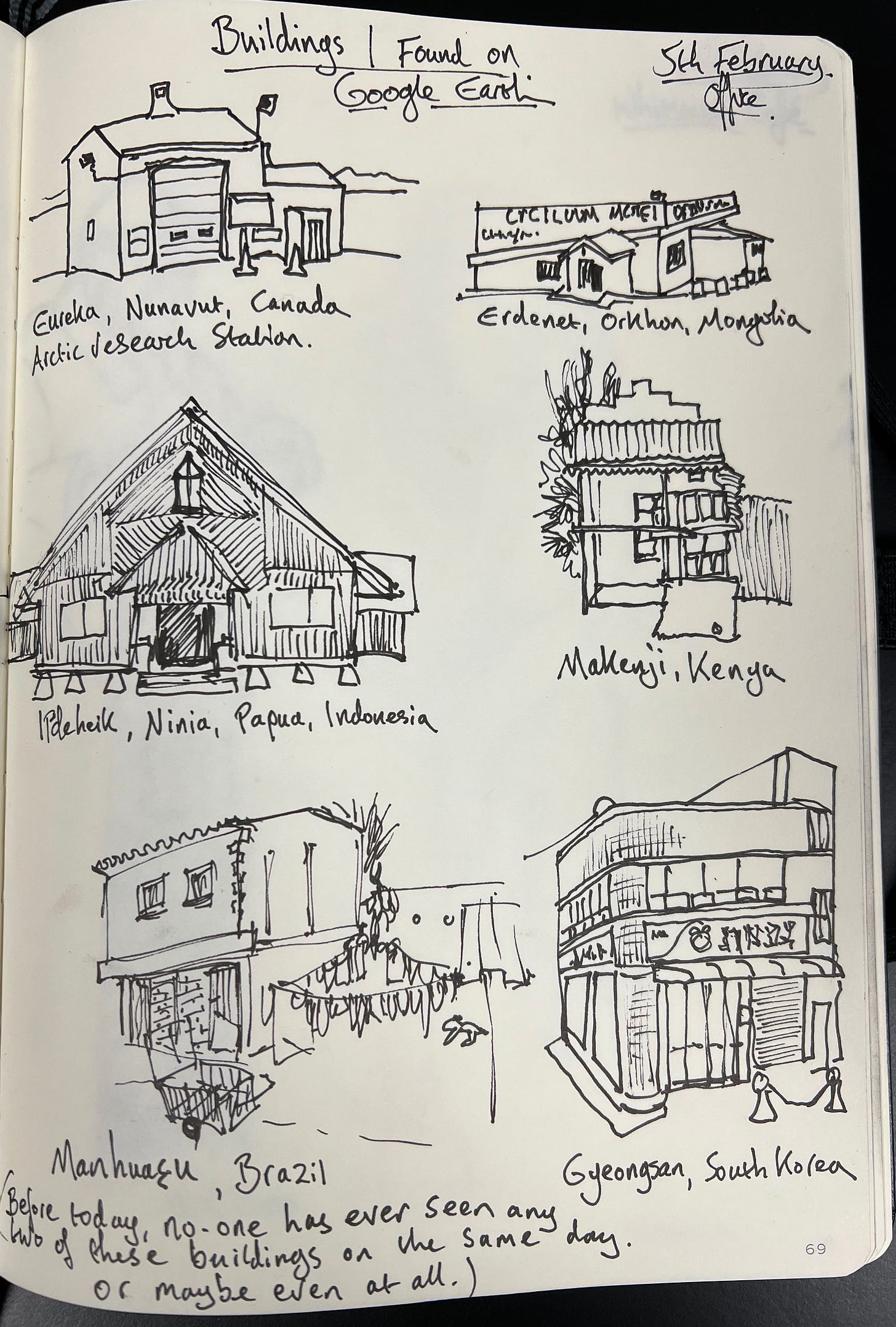 Sketches of six buildings from the Arctic, Mongolia, Indonesia, Kenya, Brazil and South Korea. 