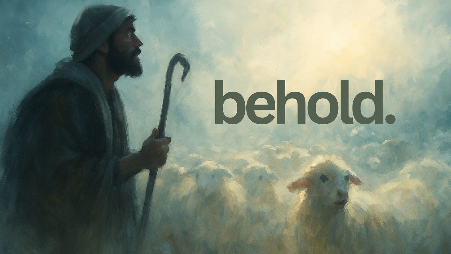 A lone shepherd grips his staff under a misty sky, his face lit with awe as he gazes toward a burst of heavenly light, surrounded by a flock of glowing sheep.