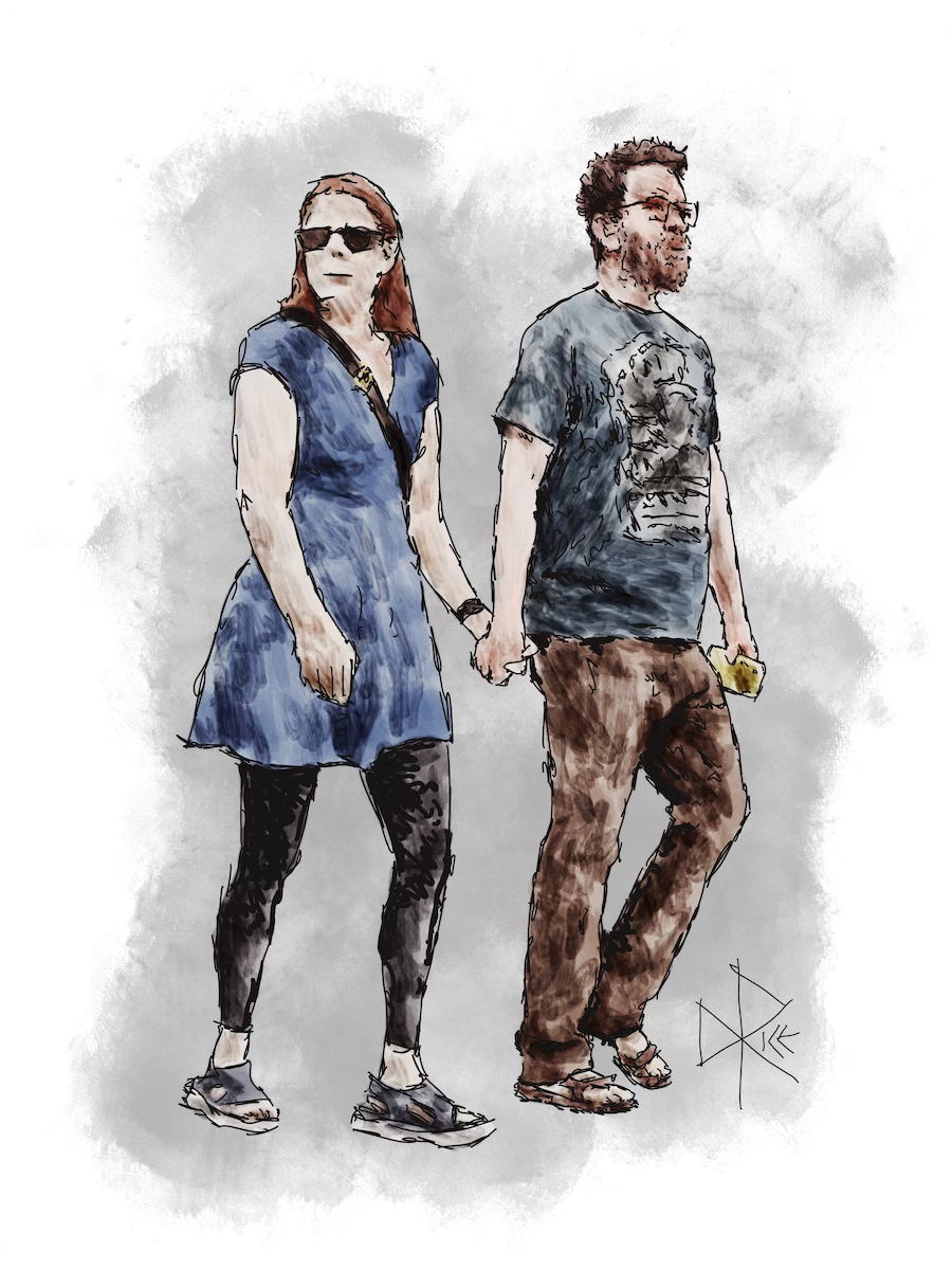 A woman and man, dressed for summer weather in casual loose clothing and sandals, walking together while holding hands. Sketch art by Don Rice.