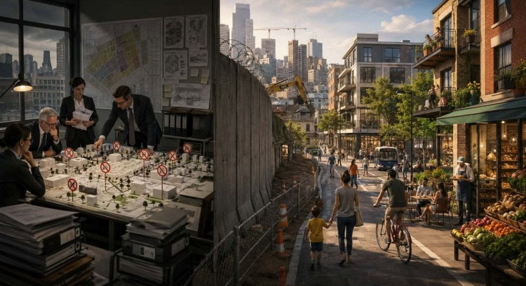 Contraste entre deux environnements urbains illustrant le concept de ville 15 minutes Contraste entre deux environnements urbains illustrant le concept de ville 15 minutes