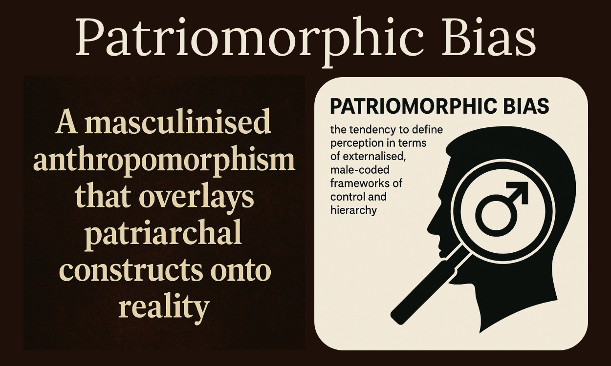 A dark-brown graphic titled ‘Patriomorphic Bias.’ Left panel: large serif text reads, ‘A masculinised anthropomorphism that overlays patriarchal constructs onto reality.’ Right panel: a rounded beige card with the heading ‘PATRIOMORPHIC BIAS’ and a definition: ‘the tendency to define perception in terms of externalised, male-coded frameworks of control and hierarchy.’ Beside the text is a black silhouette profile of a head; a magnifying glass overlays the head, showing the male symbol