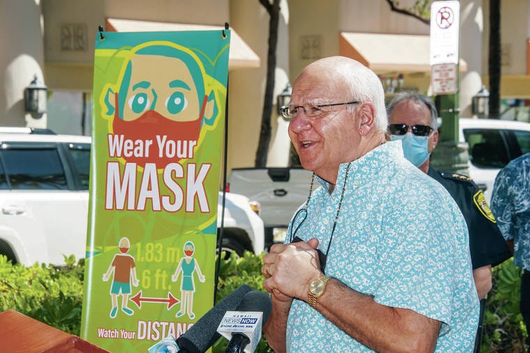 CRAIG T. KOJIMA / CKOJIMA@STARADVERTISER.COM
                                Mayor Rick Blangiardi unveiled a new sign Thursday in Waikiki announcing a public-health awareness campaign that consists of 36 lamppost banners along Kalakaua Avenue from the Hawai‘i Convention Center to Kapahulu Avenue. The posters remind everyone to wash their hands, wear their masks and watch their social distancing.