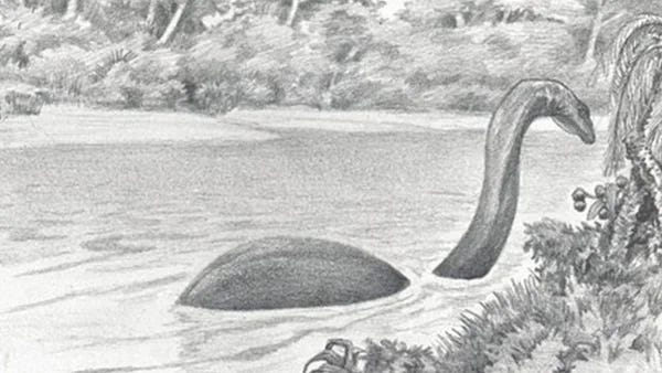 A black and white drawing of what looks like a classic "Brontosaurus" dinosaur in a river.