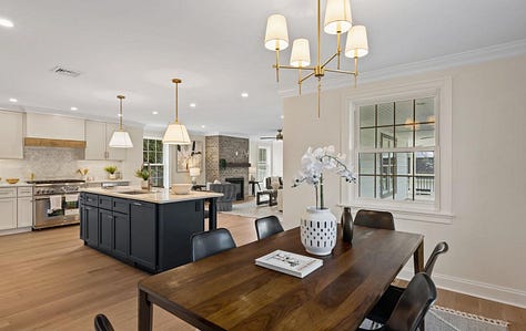 Dining room, family room and kitchen