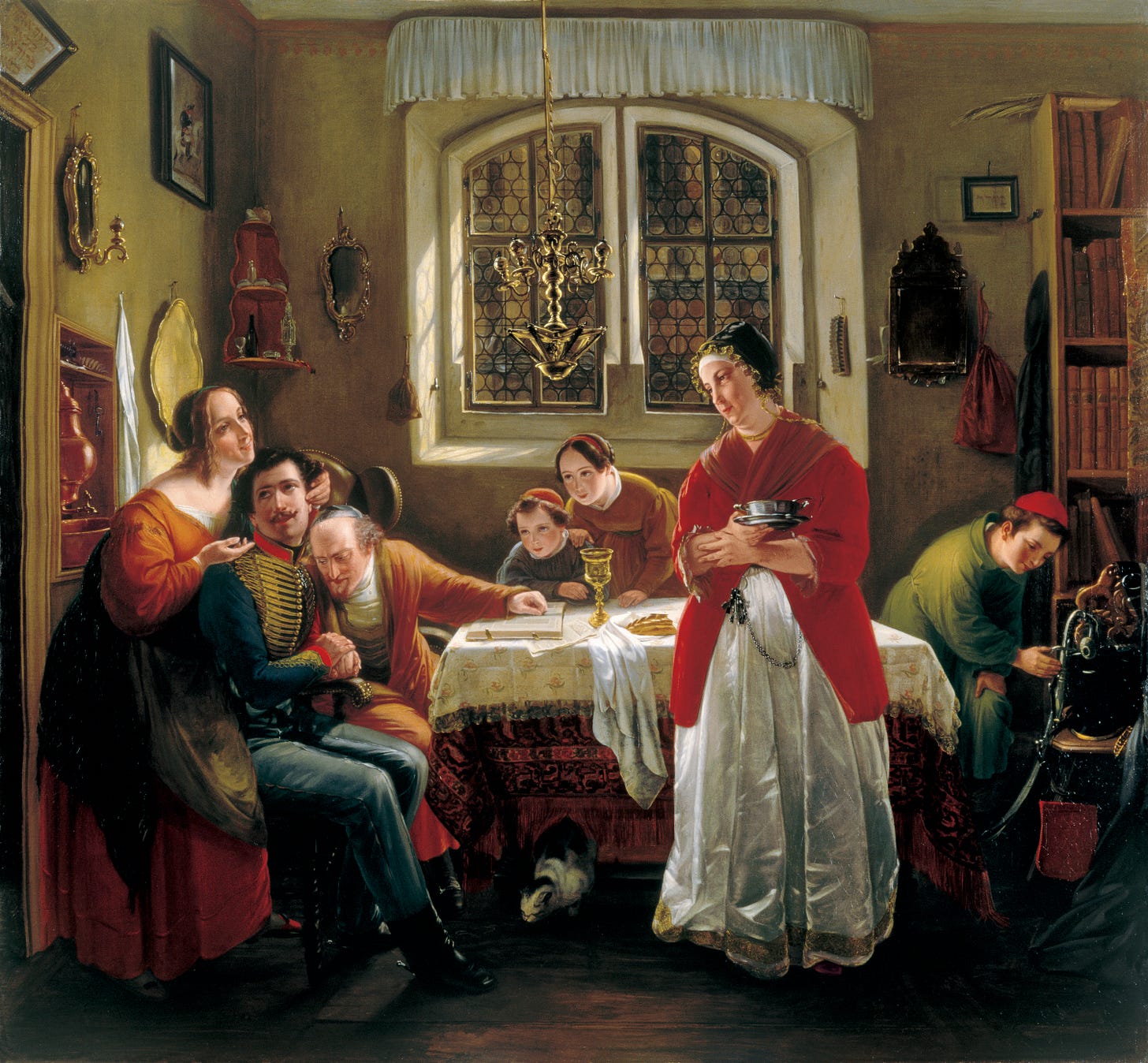 The Return of the Volunteer from the Wars of Liberation to His Family Still Living in Accordance with Old Customs (Die Heimkehr des Freiwilligen aus den Befreiungskriegen zu den nach alter Sitte lebenden Seinen) Moritz Daniel Oppenheim1833-34 The Return of the Volunteer from the Wars of Liberation to His Family Still Living in Accordance with Old Customs (Die Heimkehr des Freiwilligen aus den Befreiungskriegen zu den nach alter Sitte lebenden Seinen) Moritz Daniel Oppenheim1833-34