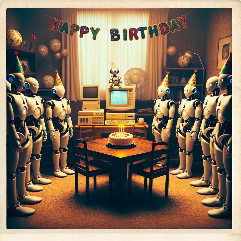 A bunch of robots stand around in a room with birthday decorations.  An old desktop computer with monitor is placed in front of a birthday cake with lit candles.  A sign hangs above the computer saying, "Happy Birthday." It's a slightly faded image like an old Polaroid photo.