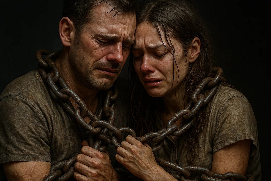 A distressed man and woman sit close together, both crying and wrapped tightly in heavy rusted chains, symbolizing emotional pain and entrapment.