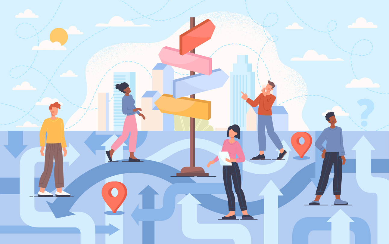 Illustration of job seekers looking for the right path.