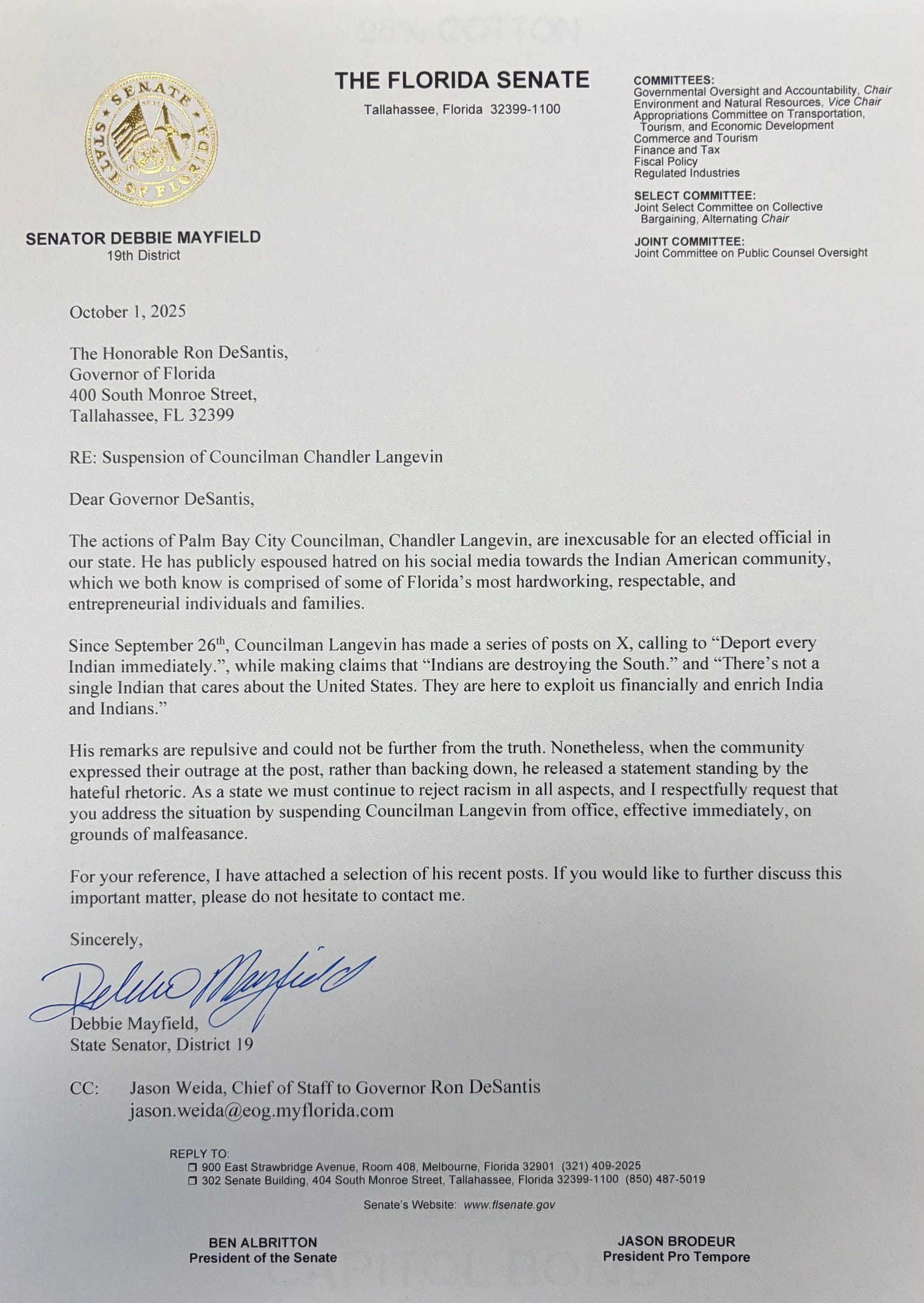 A signed letter from Florida Senator Debbie Mayfield to Governor Ron DeSantis, dated October 1, 2025, urging the suspension of Palm Bay Councilman Chandler Langevin for anti-Indian remarks. A signed letter from Florida Senator Debbie Mayfield to Governor Ron DeSantis, dated October 1, 2025, urging the suspension of Palm Bay Councilman Chandler Langevin for anti-Indian remarks.