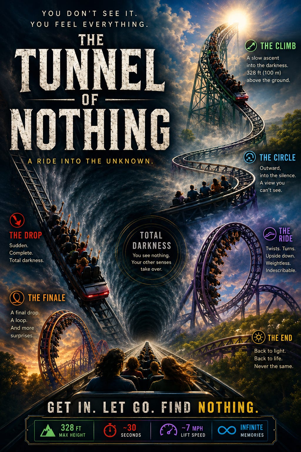 A fictional Bad Idea Park poster for The Tunnel of Nothing, a roller coaster that plunges riders into complete darkness through drops, loops, and twisting track. The dramatic artwork combines a massive swirling tunnel, towering coaster hills, and ominous taglines that promise a ride guided entirely by gravity, motion, and the unknown. A fictional Bad Idea Park poster for The Tunnel of Nothing, a roller coaster that plunges riders into complete darkness through drops, loops, and twisting track. The dramatic artwork combines a massive swirling tunnel, towering coaster hills, and ominous taglines that promise a ride guided entirely by gravity, motion, and the unknown.