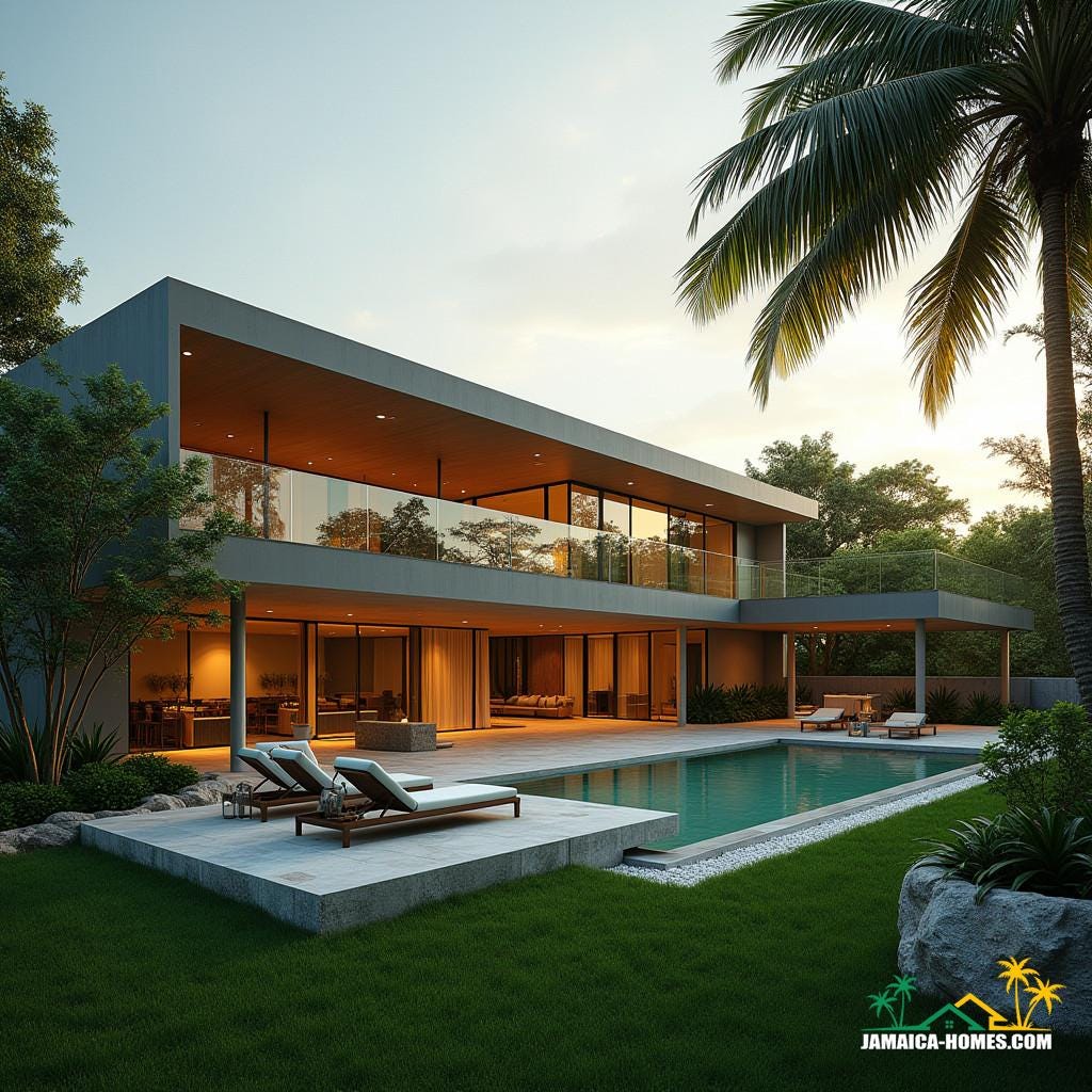 majestic, modern ranch home in Kingston, Jamaica, with a sleek, minimalist façade, set amidst lush, tropical gardens, featuring a crystal-clear swimming pool, a spacious stable for horses, and a breathtaking, modern barn conversion, all bathed in warm, golden light majestic, modern ranch home in Kingston, Jamaica, with a sleek, minimalist façade, set amidst lush, tropical gardens, featuring a crystal-clear swimming pool, a spacious stable for horses, and a breathtaking, modern barn conversion, all bathed in warm, golden light