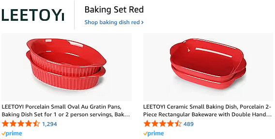 Assortment of ceramic baking dishes, perfect for individual servings and portion-controlled athlete meal prep, featuring a porcelain oval au gratin pan and a 2-piece rectangular bakeware set with double handles. Both sets of baking dishes are bright red with a glossy finish and high customer rating. 