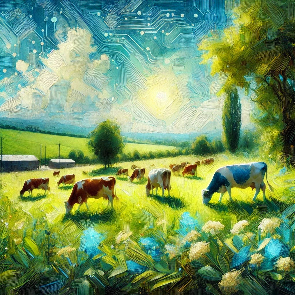 A vibrant, oil-painting style depiction of a serene agricultural landscape featuring a herd of cows grazing peacefully in a lush, green pasture. The scene highlights the natural beauty of the environment with expressive strokes and bold colors emphasizing the greenery, blue skies, and sunlight. The image subtly alludes to scientific innovation with a soft, symbolic glow around the cows, representing the methane-reducing feed additive in a harmonious integration with nature. A vibrant, oil-painting style depiction of a serene agricultural landscape featuring a herd of cows grazing peacefully in a lush, green pasture. The scene highlights the natural beauty of the environment with expressive strokes and bold colors emphasizing the greenery, blue skies, and sunlight. The image subtly alludes to scientific innovation with a soft, symbolic glow around the cows, representing the methane-reducing feed additive in a harmonious integration with nature.