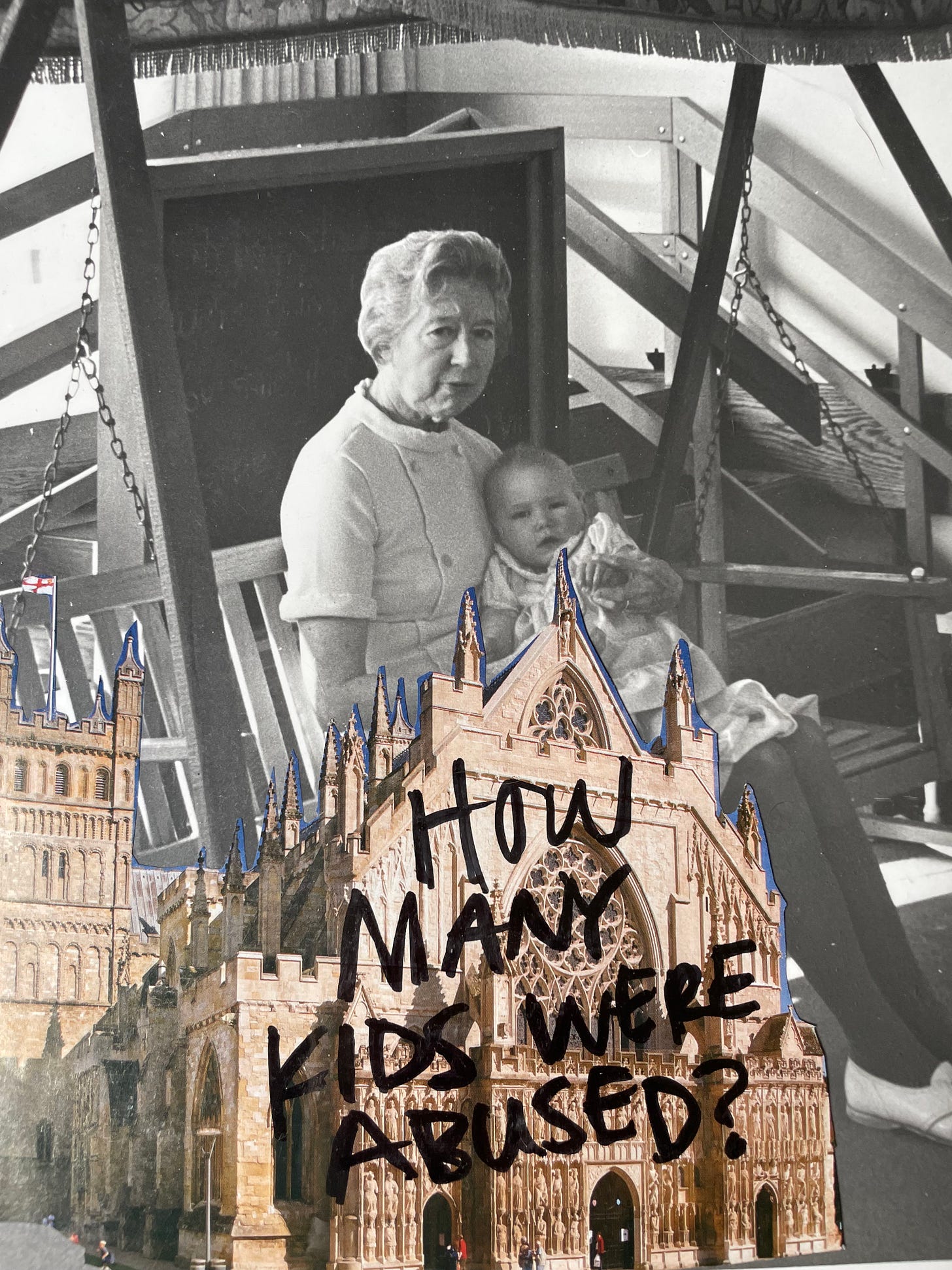 a black and white picture of an older white woman holding a baby. there is a catholic church on top and on it is written the words how many kids were abused