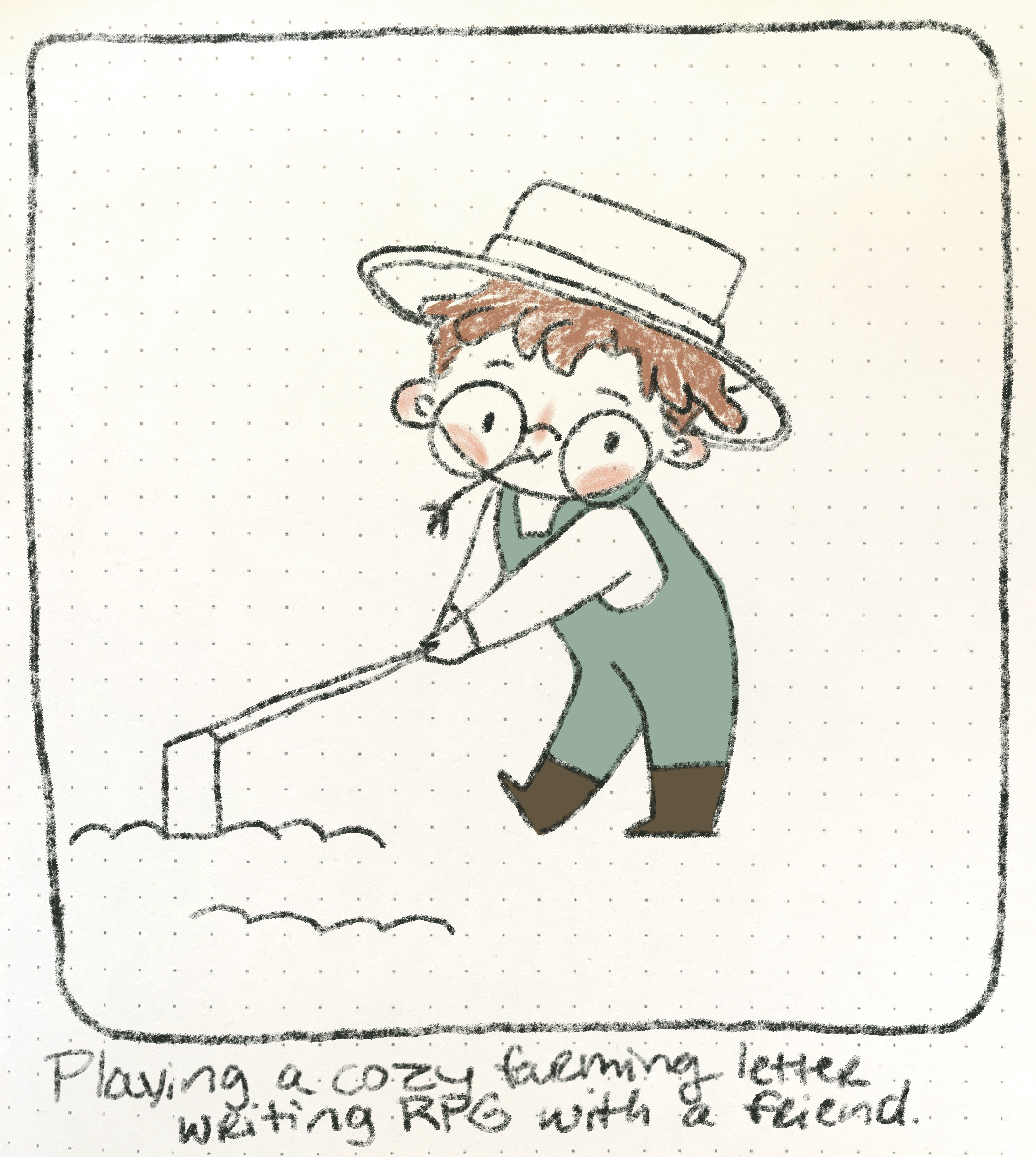 A drawing of Nicki as a farmer. Below the image it says "I'm playing a cozy letter writing farming RPG with a friend."