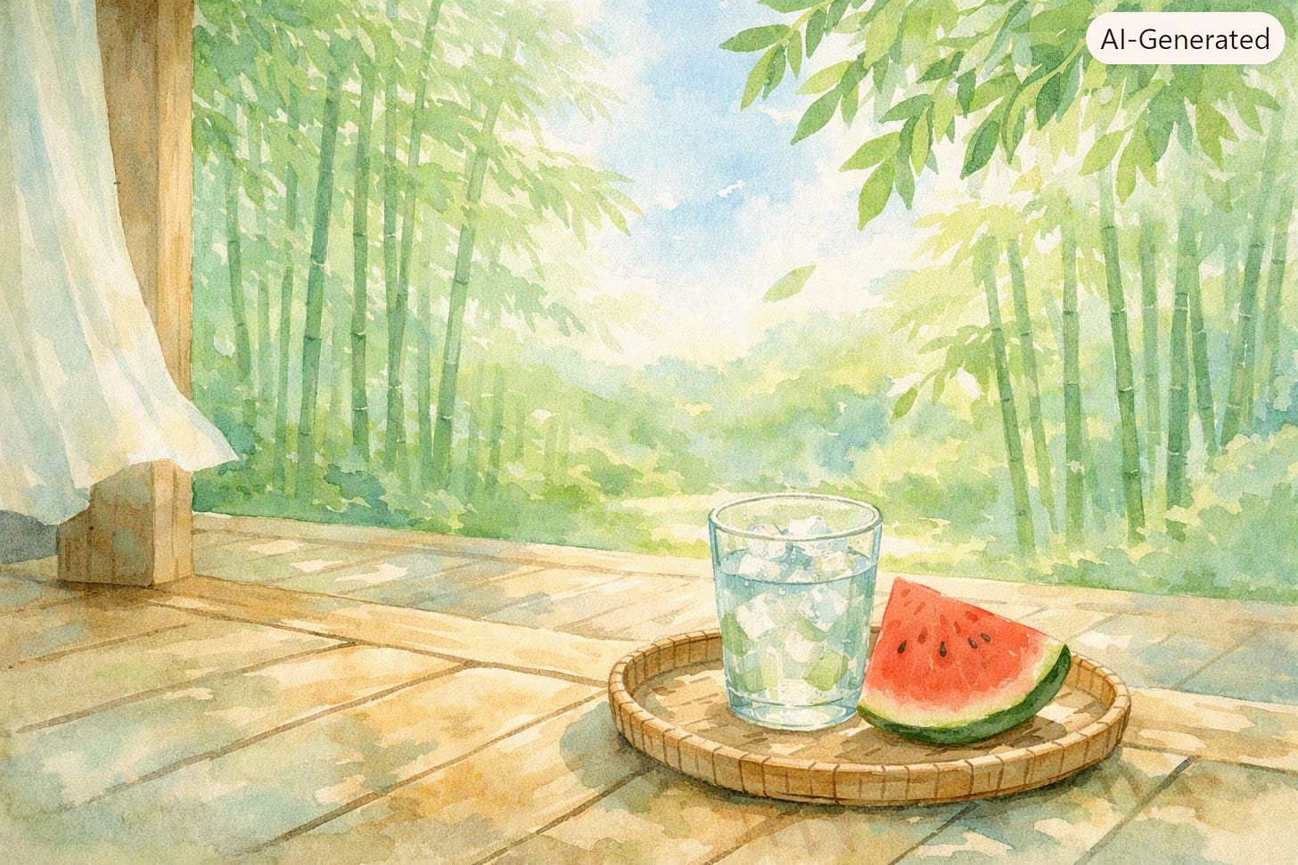 싱그러운 대나무 숲이 보이는 시원한 대청마루 풍경. 여름철 뜨거운 기운을 식히고 사주 오행의 균형을 맞추는 휴식의 시간을 상징하는 수채화 삽화입니다.