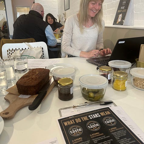 Out side the great taste wards HQ, In the judging room and a selection of product for tasting.s