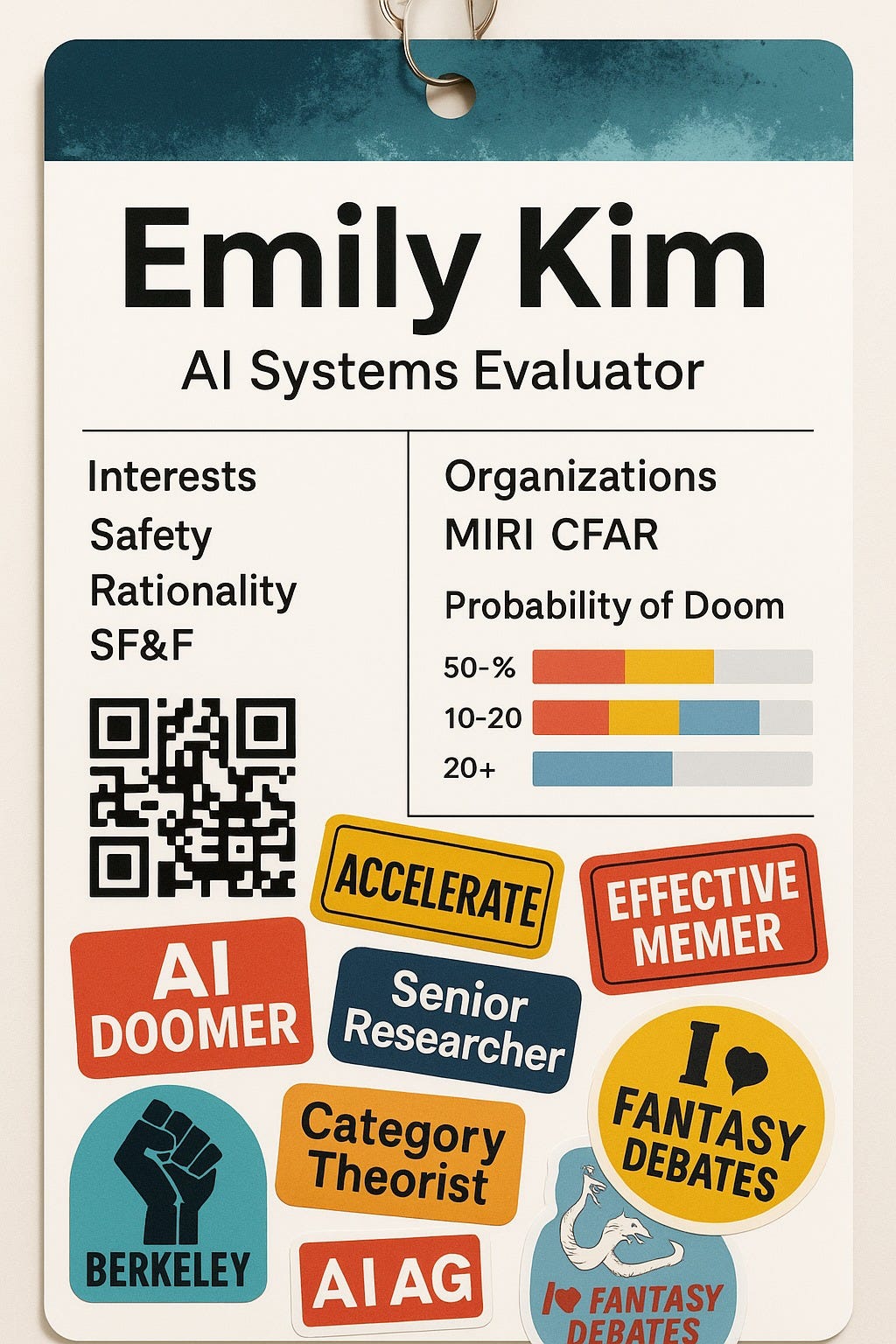 May be a graphic of text that says 'Emily Kim A Systems Evaluator Interests Safety Rationality SF&F Organizations MIRI CFAR Probability of Doom 50-% 10-20 20+ EFFECTIVE MEMER ACCELERATE ERATE Al Senior DOOMER Researcher I Category FANTASY Theorist DEBATES BERKELEY AIAG FANTASY DERATES'