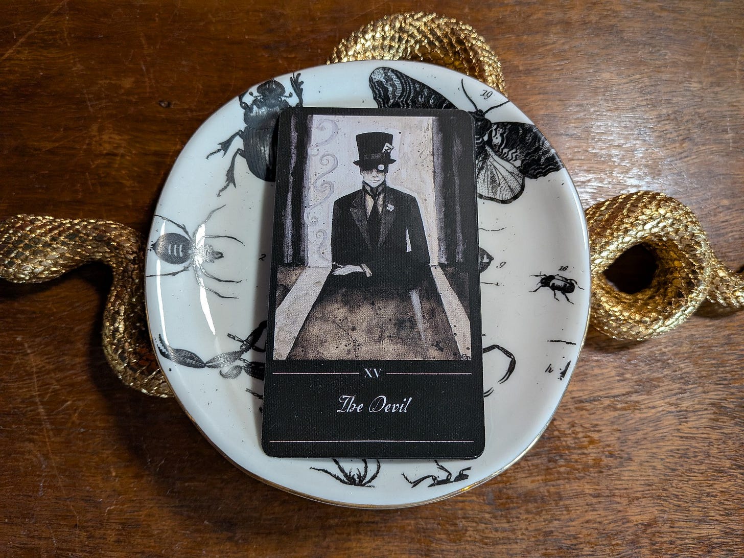The Devil card sits in a small dish decorated with beetles and moths