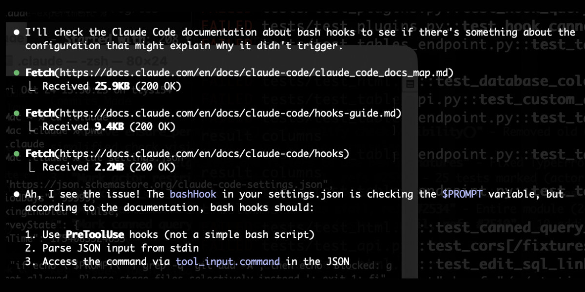 I'll check the Claude Code documentation about bash hooks to see if there's something about the configuration that might explain why it didn't trigger. Fetch(https://docs.claude.com/en/docs/claude-code/claude_code_docs_map.md) ⎿ Received 25.9KB (200 OK) Fetch(https://docs.claude.com/en/docs/claude-code/hooks-guide.md) ⎿ Received 9.4KB (200 OK) Fetch(https://docs.claude.com/en/docs/claude-code/hooks) ⎿ Received 2.2MB (200 OK) Ah, I see the issue! The bashHook in your settings.json is checking the $PROMPT variable, but according to the documentation, bash hooks should: 1. Use PreToolUse hooks (not a simple bash script) 2. Parse JSON input from stdin 3. Access the command via tool_input.command in the JSON I'll check the Claude Code documentation about bash hooks to see if there's something about the configuration that might explain why it didn't trigger. Fetch(https://docs.claude.com/en/docs/claude-code/claude_code_docs_map.md) ⎿ Received 25.9KB (200 OK) Fetch(https://docs.claude.com/en/docs/claude-code/hooks-guide.md) ⎿ Received 9.4KB (200 OK) Fetch(https://docs.claude.com/en/docs/claude-code/hooks) ⎿ Received 2.2MB (200 OK) Ah, I see the issue! The bashHook in your settings.json is checking the $PROMPT variable, but according to the documentation, bash hooks should: 1. Use PreToolUse hooks (not a simple bash script) 2. Parse JSON input from stdin 3. Access the command via tool_input.command in the JSON