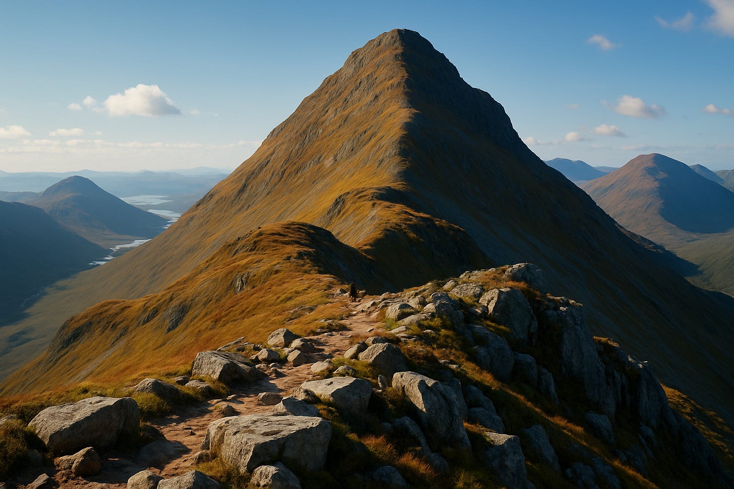 Hyper-realistic image of a pointed mountain in late afternoon light. A narrow, rocky ridge leads the eye toward the steep, symmetrical summit, with a lone hiker mid-traverse. Autumn-gold slopes and distant lochs add depth and warmth to the Highland landscape.