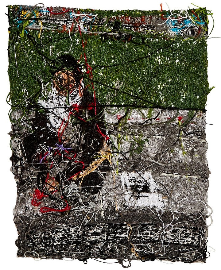 1) An elderly person is sitting on a sidewalk, with a flyer next to them. They have roses in their hand, and there is a large area of grass behind them. They have short black hair, and are wearing white, black, and grey clothing. 2) The verso of the image is seen, with overlapping string and threads.