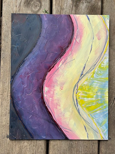 Oil painting in purple, pink, yellow and blue